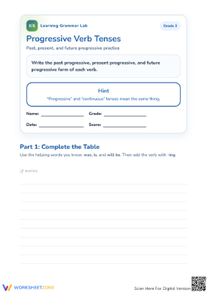 Progressive Verb Tenses Worksheet | Grade 3 Essential