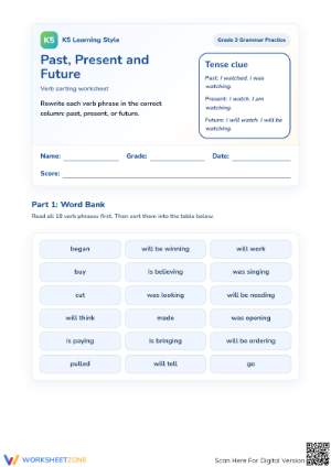 Grade 3 Verb Tense Sorting — Printable No-Prep Worksheet