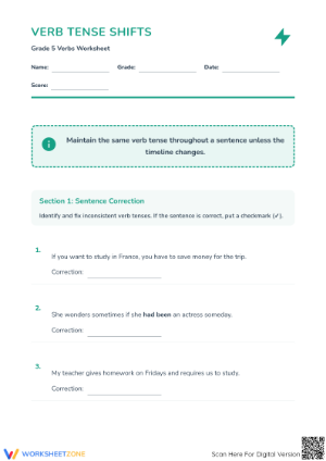 Verb Tense Shifts Worksheet | Grade 5 Essential Practice