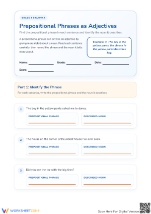 Printable Prepositional Phrases as Adjectives | Grade 4-5