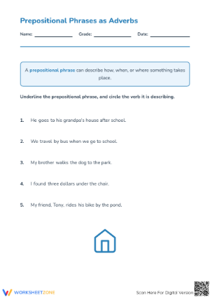 Grade 4 Prepositional Phrases as Adverbs — Printable