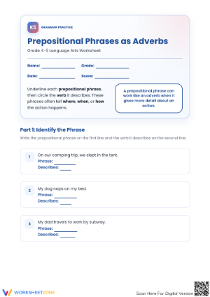 Grade 4-5 Prepositional Phrases — Printable Worksheet