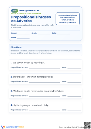 Essential Prepositional Phrases as Adverbs | Grade 4-5