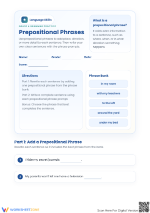 Prepositional Phrases Worksheet | Essential Grade 4 ELA