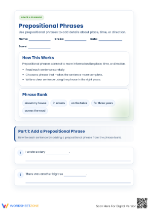 Grade 4 Prepositional Phrases — Printable No-Prep Worksheet