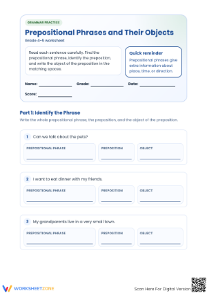 Essential Prepositional Phrases Worksheet | Grade 4-5