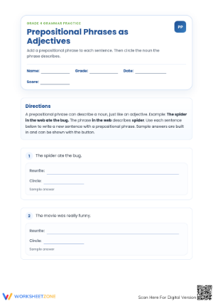 Prepositional Phrases as Adjectives | Grade 4 Printable