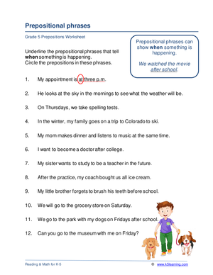 Prepositional Phrases Worksheet | Grade 5 Printable