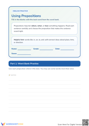 Grade 1 Prepositions Worksheet | Essential Practice