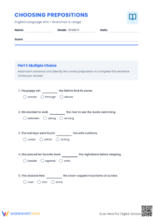 Essential Grade 5 Prepositions Worksheet | Printable PDF
