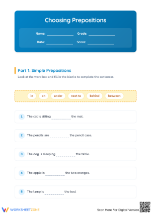 Grade 1 Prepositions — Printable No-Prep Worksheet