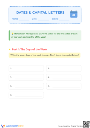 Grade 1 Dates and Capital Letters | Printable Worksheet