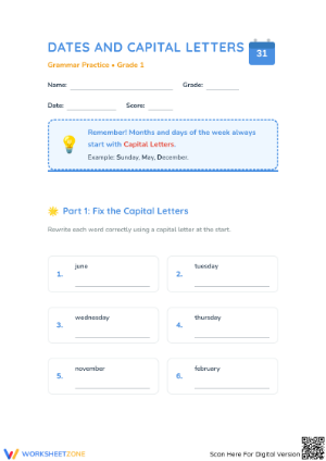 Grade 1 Dates and Capital Letters — Printable Worksheet