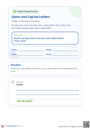 Grade 1 Dates and Capital Letters — Essential Worksheet