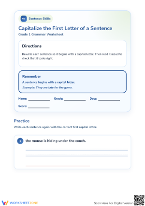 Essential Grade 1 Sentence Capitalization Worksheet