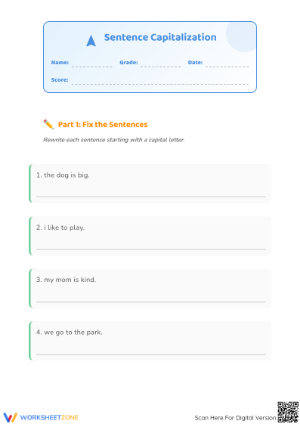 Grade 1 Sentence Capitalization — Printable Worksheet