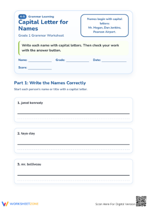 Capitalizing Names Worksheet | Grade 1 Essential Practice