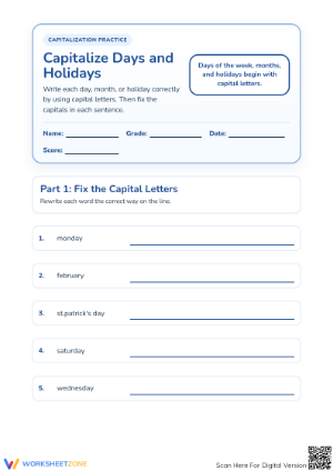Capitalize Days and Holidays | Essential Grade 1 ELA