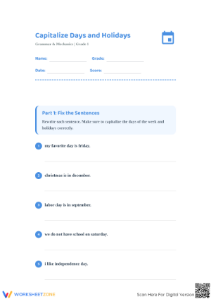Capitalize Days and Holidays | Essential Grade 1 ELA