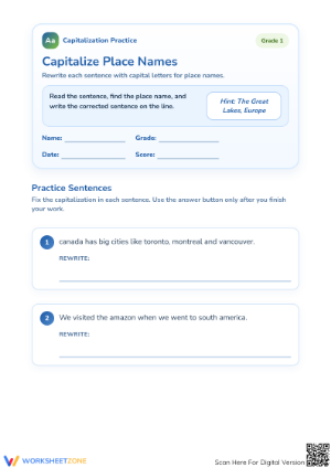 Capitalize Place Names Worksheet | Grade 1 Essential