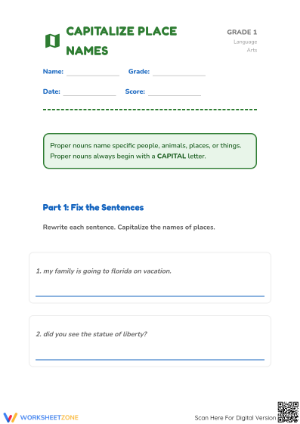 Grade 1 Capitalize Place Names — Printable No-Prep Worksheet