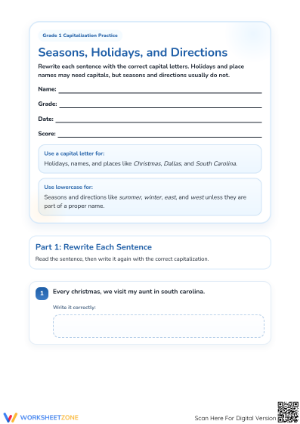 Grade 1 Capitalization: Seasons & Holidays Printable