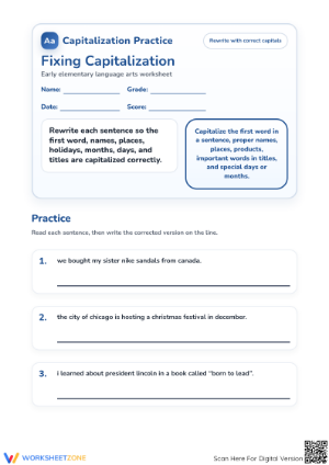 Grade 1 Capitalization Practice — Printable Worksheet