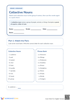 Collective Nouns Worksheet | Grade 1 ELA Printable