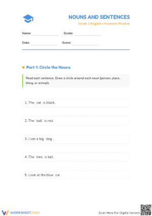 Printable Grade 1 Nouns and Sentences Practice Worksheet