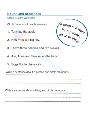 Essential Nouns and Sentences Worksheet | Grade 1 ELA