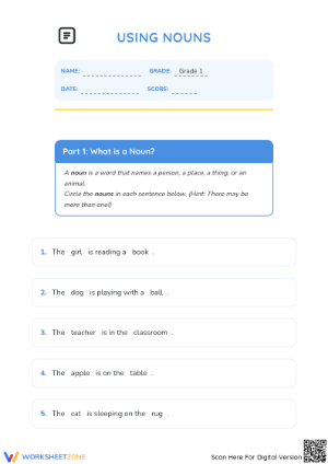 Essential Nouns Worksheet | Grade 1 ELA Printable