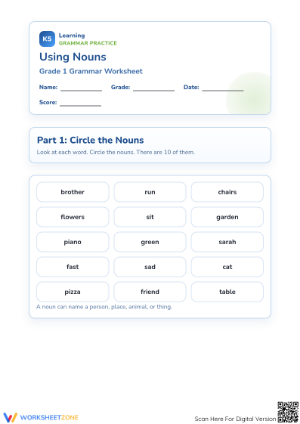 Grade 1 Nouns — Printable No-Prep Worksheet