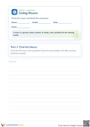 Grade 1 Using Nouns Worksheet | Essential Grammar Practice