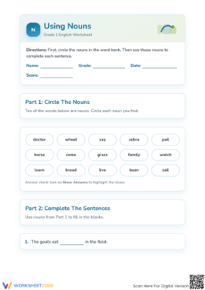 Using Nouns Practice Worksheet | Grade 1 Essential