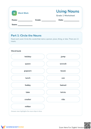 Grade 1 Nouns Worksheet | Essential Printable Practice