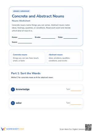 Concrete and Abstract Nouns Worksheet | Grade 3 Essential