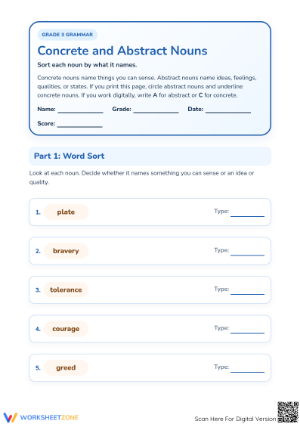 Essential Concrete and Abstract Nouns Worksheet | Grade 3