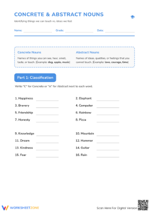 Concrete and Abstract Nouns Worksheet | Grade 3 Essential