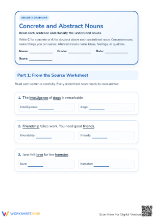Grade 3 Concrete and Abstract Nouns — Essential Worksheet