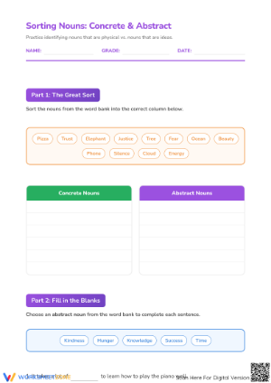 Concrete and Abstract Nouns: Essential Grade 3 Worksheet