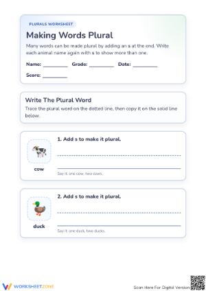 Kindergarten Plural Nouns — Printable No-Prep Worksheet