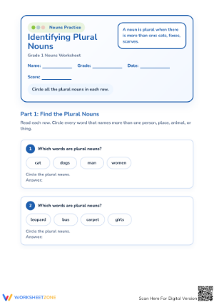 Grade 1 Plural Nouns — Printable No-Prep Worksheet