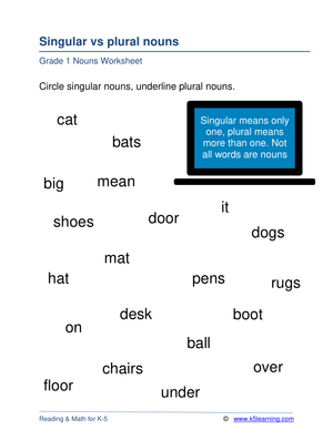 Grade 1 Singular/Plural Nouns — Printable No-Prep Worksheet