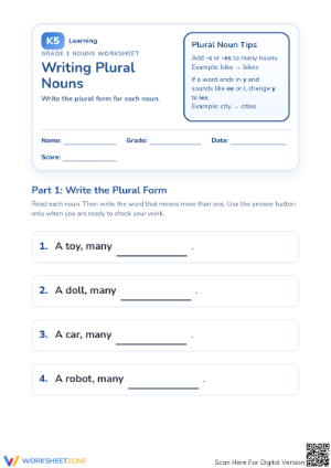 Grade 1 Plural Nouns — Printable No-Prep Worksheet