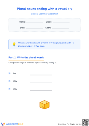 Plural Nouns Vowel + Y Worksheet | Grade 1 Essential