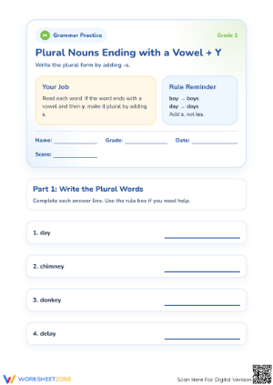 Essential Plural Nouns Vowel + Y Worksheet | Grade 1