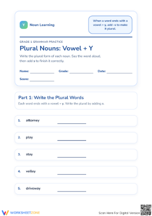 Grade 1 Plural Nouns (Vowel + Y) | Essential Practice