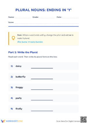 Plural Nouns Ending in Y | Grade 1 Essential Worksheet