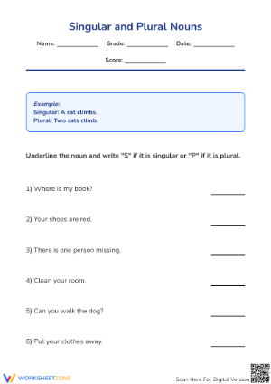 Grade 1 Singular and Plural Nouns — Printable Worksheet