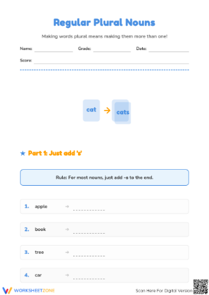 Grade 1 Regular Plural Nouns — Printable No-Prep Worksheet
